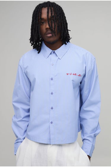 Tall Oversized Crop Embroidered Stripe Shirt - blue