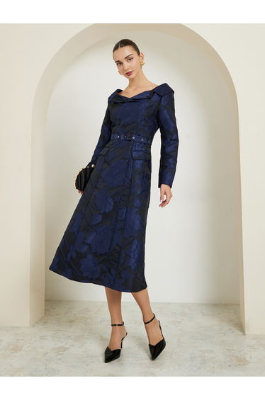 Navy Blue Jacquard Off-Shoulder Midi Dress