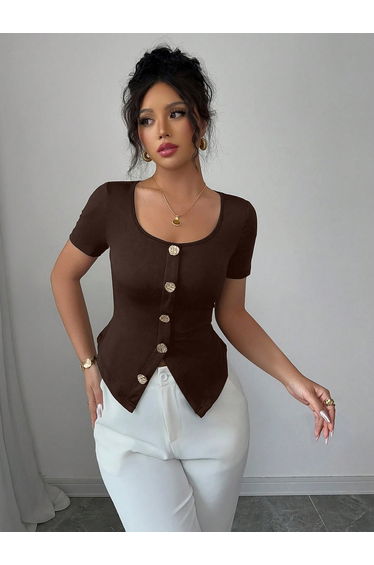 Brown Square Neck Button Front Top