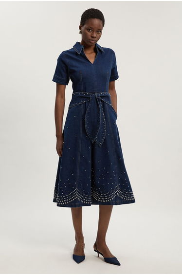 Denim Placed Studs Tie Belted Short Sleeve Full Midi Dress