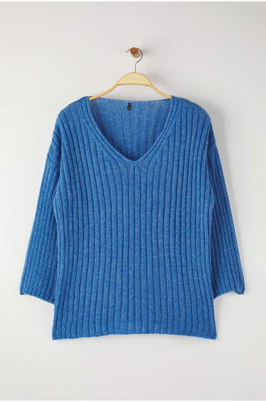 Indigo V-neck Thin Ribbed Knitwear Sweater
