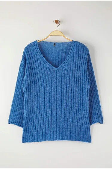 Indigo V-neck Thin Ribbed Knitwear Sweater