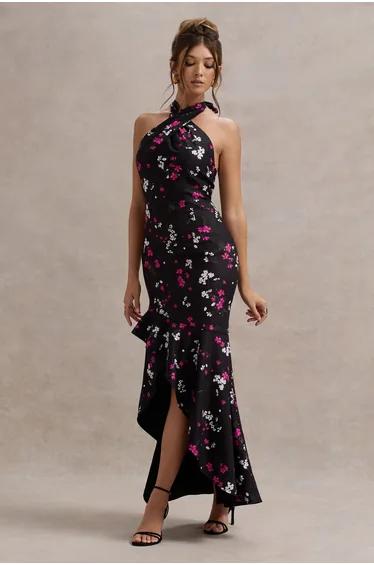 Melodia | Black Ditsy Floral Print Satin Halter-Neck Ruffled Dress