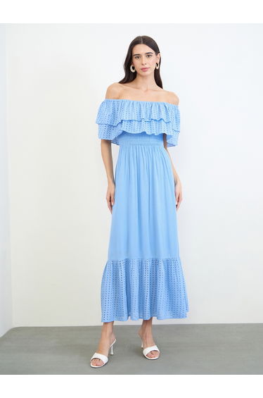 Blue Cotton Schiffli Off-Shoulder Maxi Dress