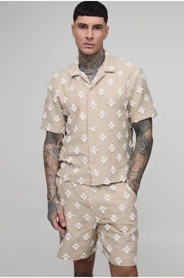 Tall Oversized Tufted Woven Shirt & Relaxed Short Set - stone