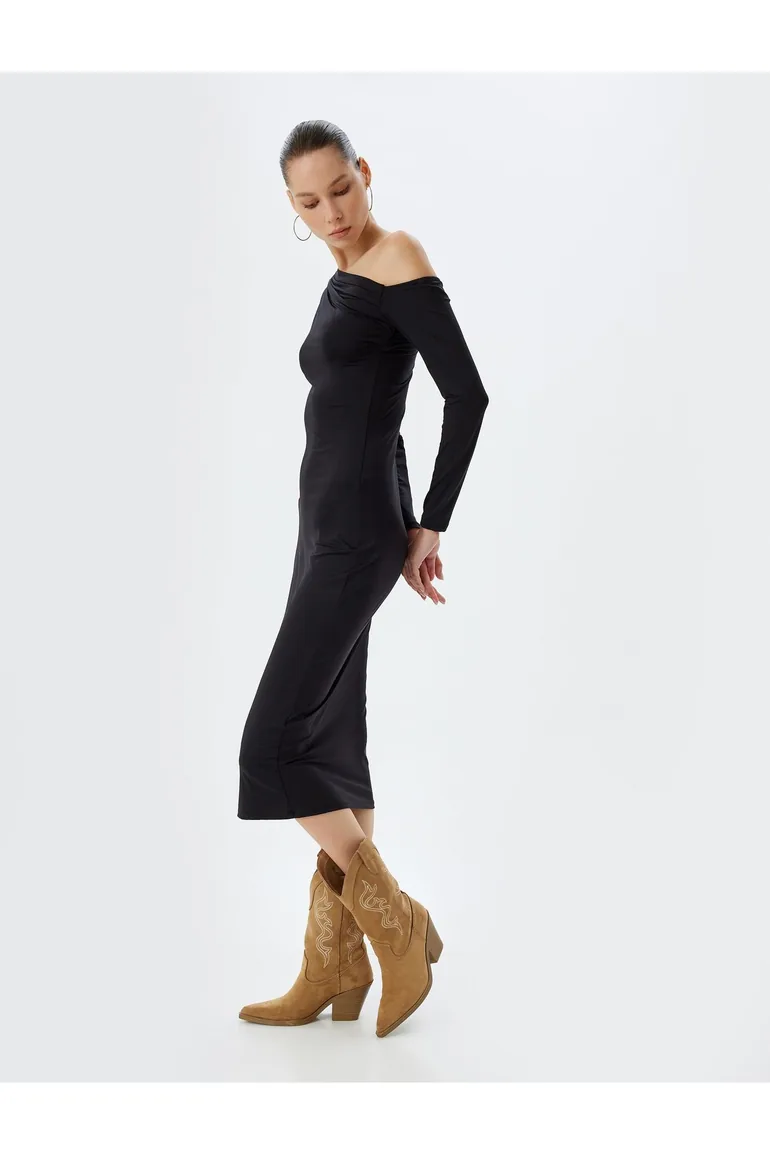 فستان ميدي بقصة ضيقة بثنيات بأكمام طويلة  - 3