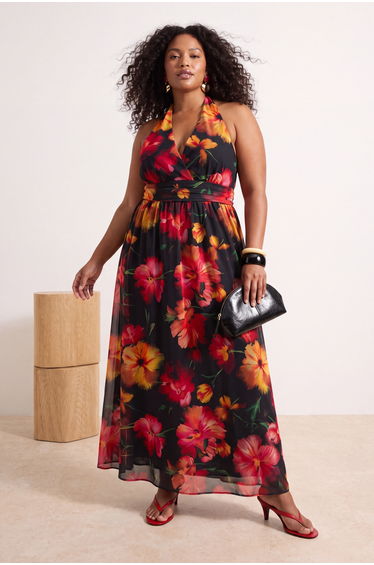 Multi-Colored Maxi Chiffon Woven Plus Size Evening Dress