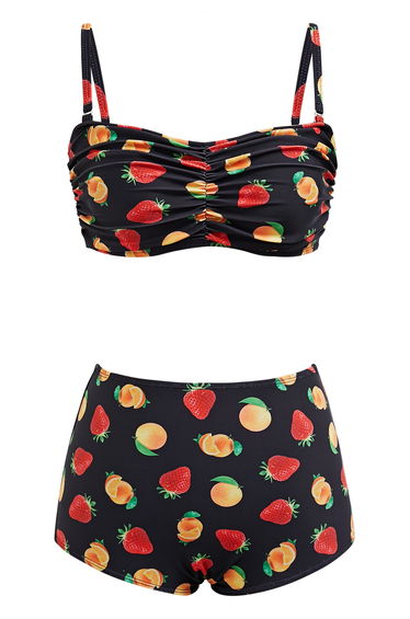 Fruit Print Bikini Set in Black