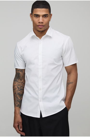 Slim Fit Short Sleeve Cotton Shirt - white