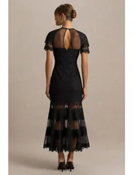 Leanne | Black Mesh And Lace Crew-Neck Fishtail Midi Dress - 1