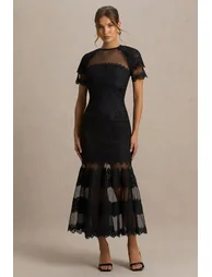 Leanne | Black Mesh And Lace Crew-Neck Fishtail Midi Dress