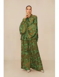 Breezy Getaway Green Printed Blouse & Pleated Wide-Leg Pants Set