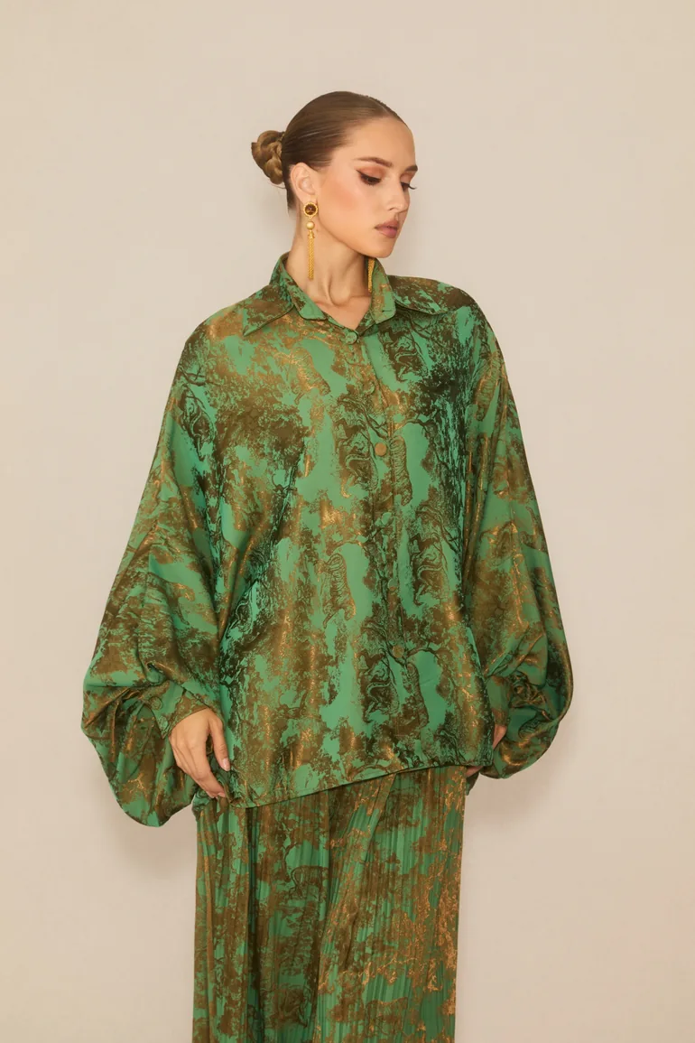 Breezy Getaway Green Printed Blouse & Pleated Wide-Leg Pants Set - 1
