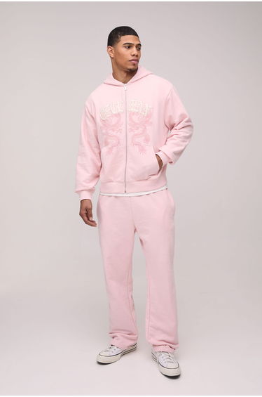 Oversized Ofclman Applique Dragon Hooded Zip Through Wash Tracksuit - pink