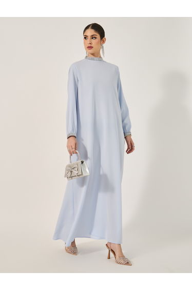 Embellished Stand Collar Cuffed Sleeve A-Line Jalabyia