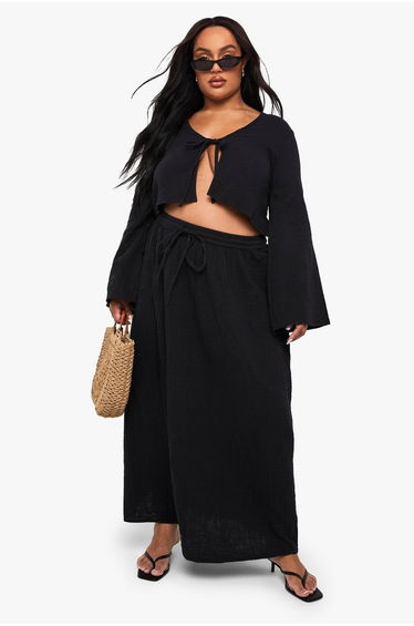 Plus Cheesecloth Long Sleeve Tie Front Top - black