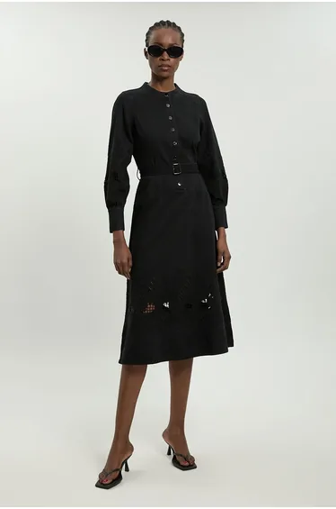 Denim Cut Out Long Sleeve Midi Dress