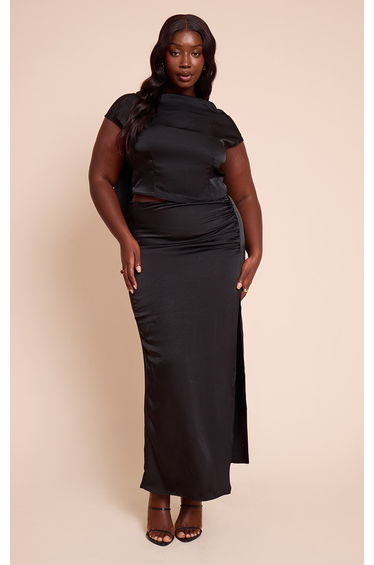 Plus Black Ruched Satin Split Detail Maxi Skirt