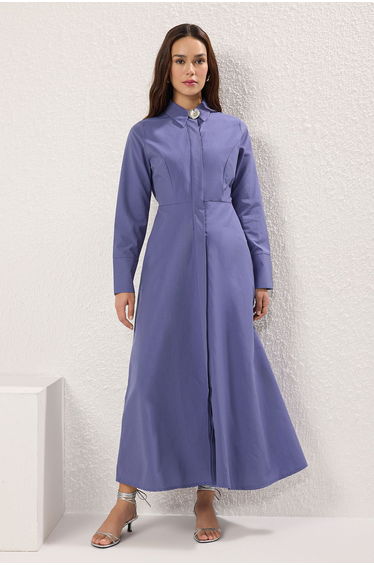 Indigo Cotton Silver Flower Button Accessory Elastic Woven Dress