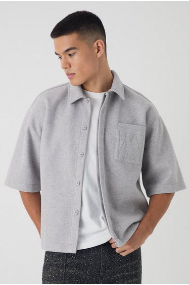 Oversized Boxy Concealed Placket Heavyweight Melton Shirt