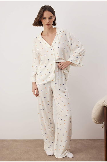 Ecru printed shally woven pajama set