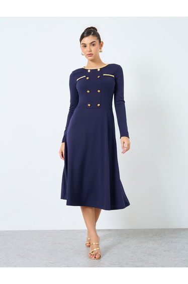 Navy Blue Midi Dress with Buttons Detail