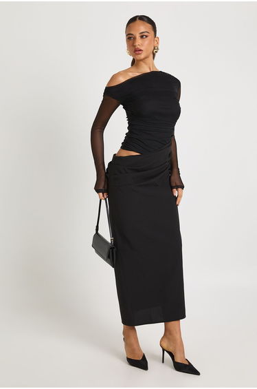 Mesh Mix Draped Midaxi Dress - black