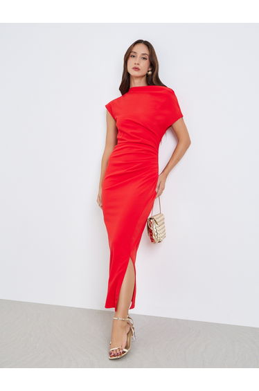 Women Red One Shoulder Side Slit Midi Dress