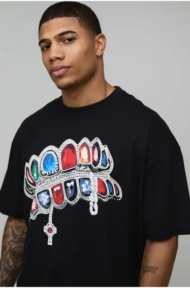 Oversized Diamond Printed T-Shirt - black