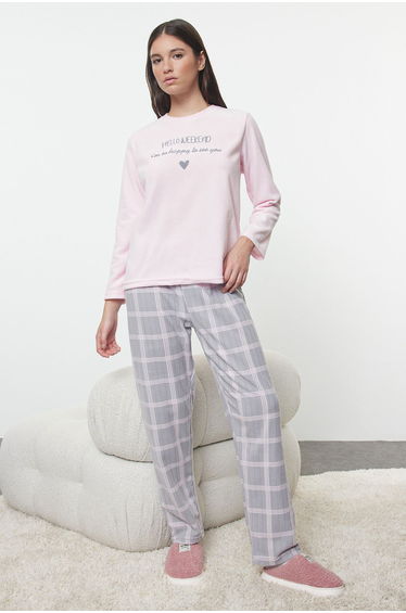 Powder Plaid / Checkered Polar Fleece Knitted Pajama Set
