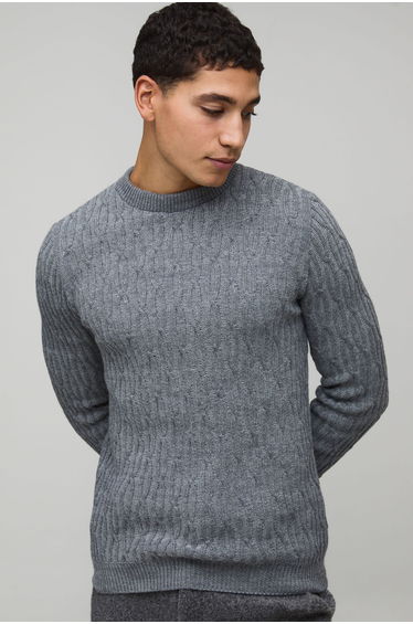 Regular Fit Extended Neck Cable Knitted Jumper - charcoal
