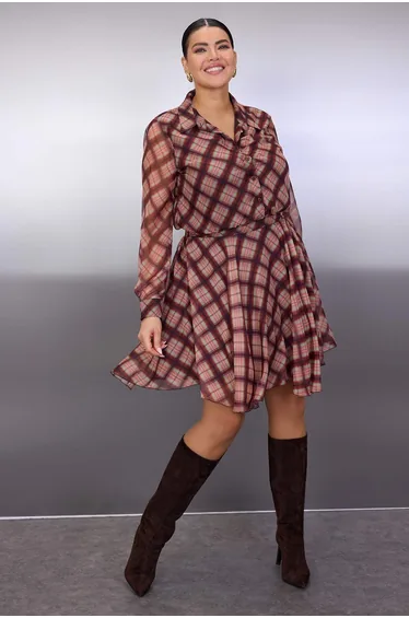 Multi-colored plaid/checkered chiffon gipeli mini woven plus size dress