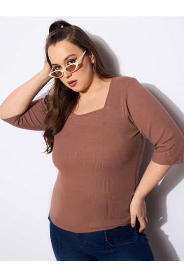 Plus Size Ribbed Square Neck Top
