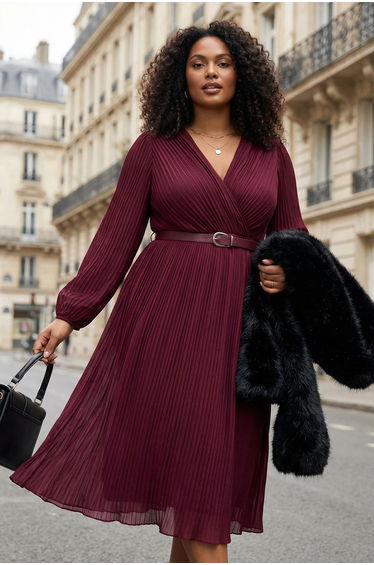 Burgundy Pleated Belted Midi Woven Plus Size Dress