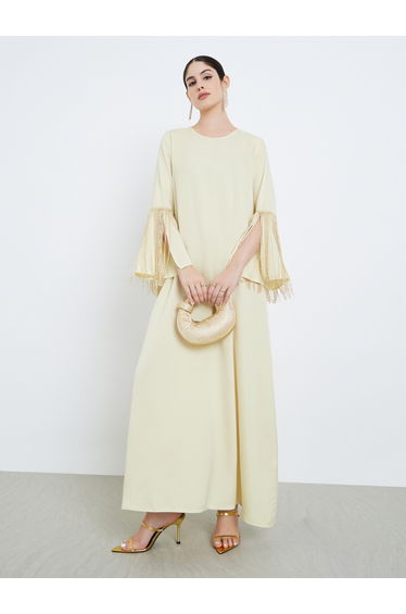 Women Yellow Satin Jalabiya with Tassel Trims