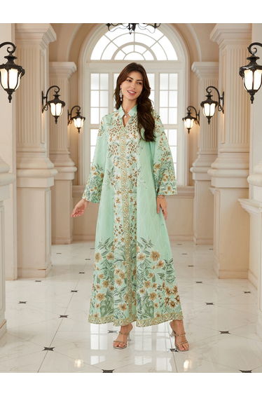 Women Textured Floral Printed Collared Jalabiya