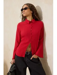 Red Textured Fitted Waist Fitted Woven Shirt - 1