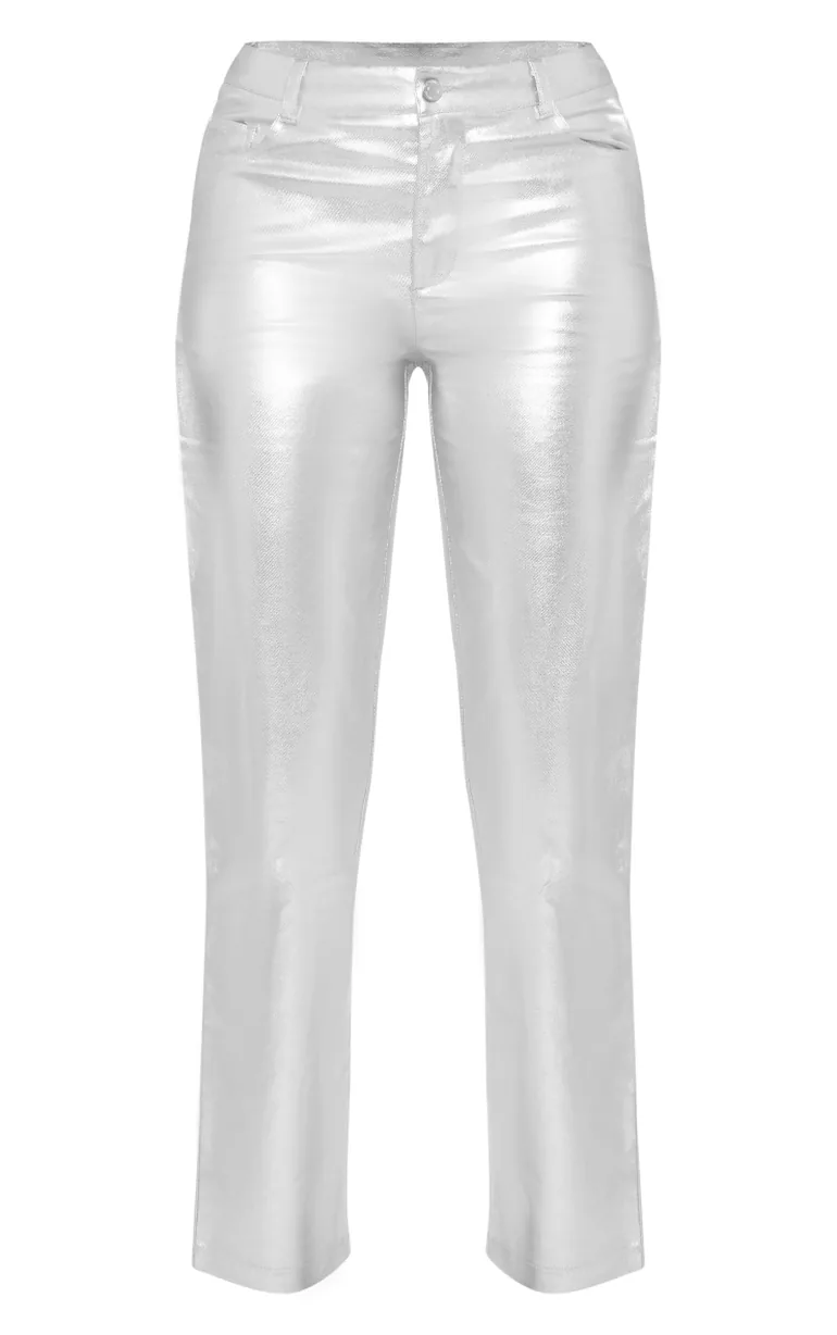 Silver Metallic Coated Denim Straight Leg Jeans - 4