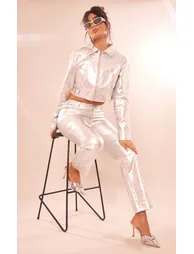 Silver Metallic Coated Denim Straight Leg Jeans