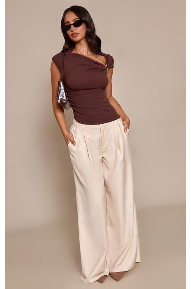 Petite Chocolate Trim Detail Asymmetric Knit Top