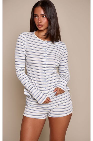 Petite Grey Marl Stripe Ribbed Button Up Cardigan