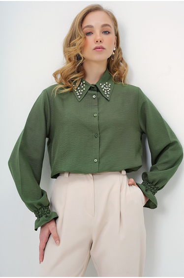 Women's Green Pearl And Stone Embroidered Aerobin Shirt