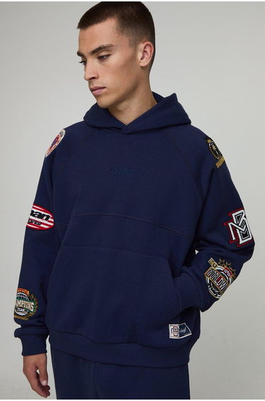 Oversized Boxy Varsity Badge Hoodie - navy