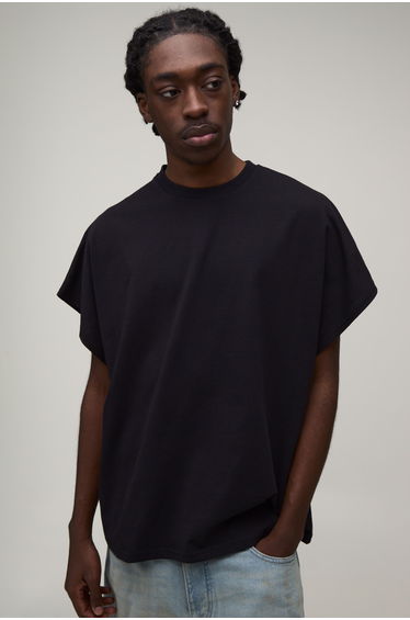 Oversized Cap Sleeve Slub T-Shirt - black