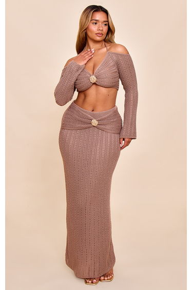 Shape Mocha Crochet Gold Hammered Trim Maxi Skit