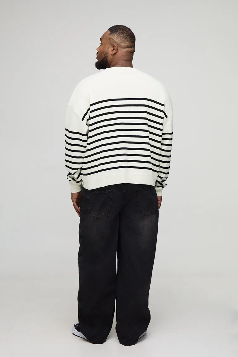 Plus Knitted Stripe Oversized Crew Neck Jumper - ecru - 1