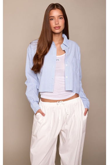 Blue Pinstripe Cotton Cropped Boxy Shirt