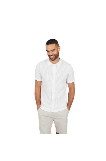 Brave Soul Mens Knitted Button-Down Short-Sleeved Polo Shirt - Ecru