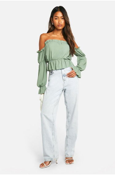 Woven Volume Sleeve Ruched Bardot Top - olive