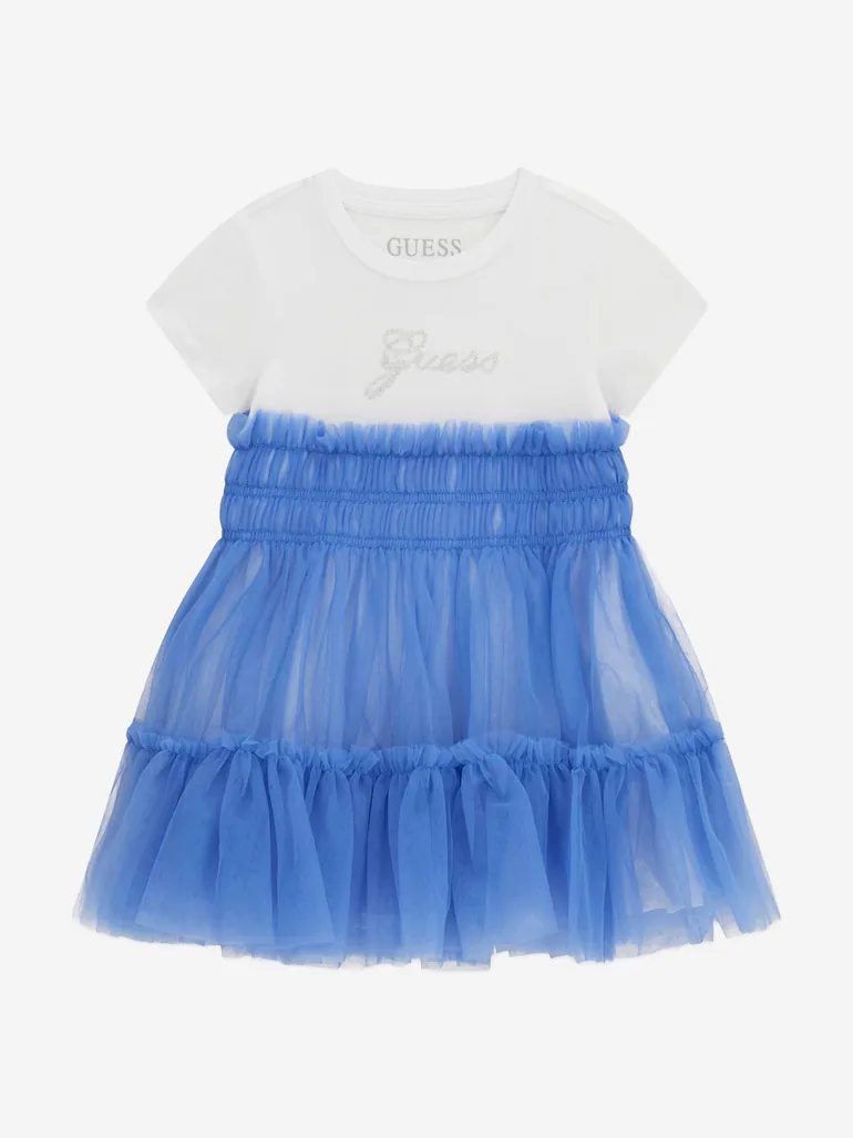 Guess Girls Mixed Fabric Dress in Blue